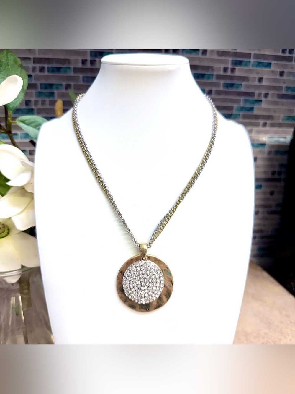 Chico's Mixed Metal Pave Disc Necklace